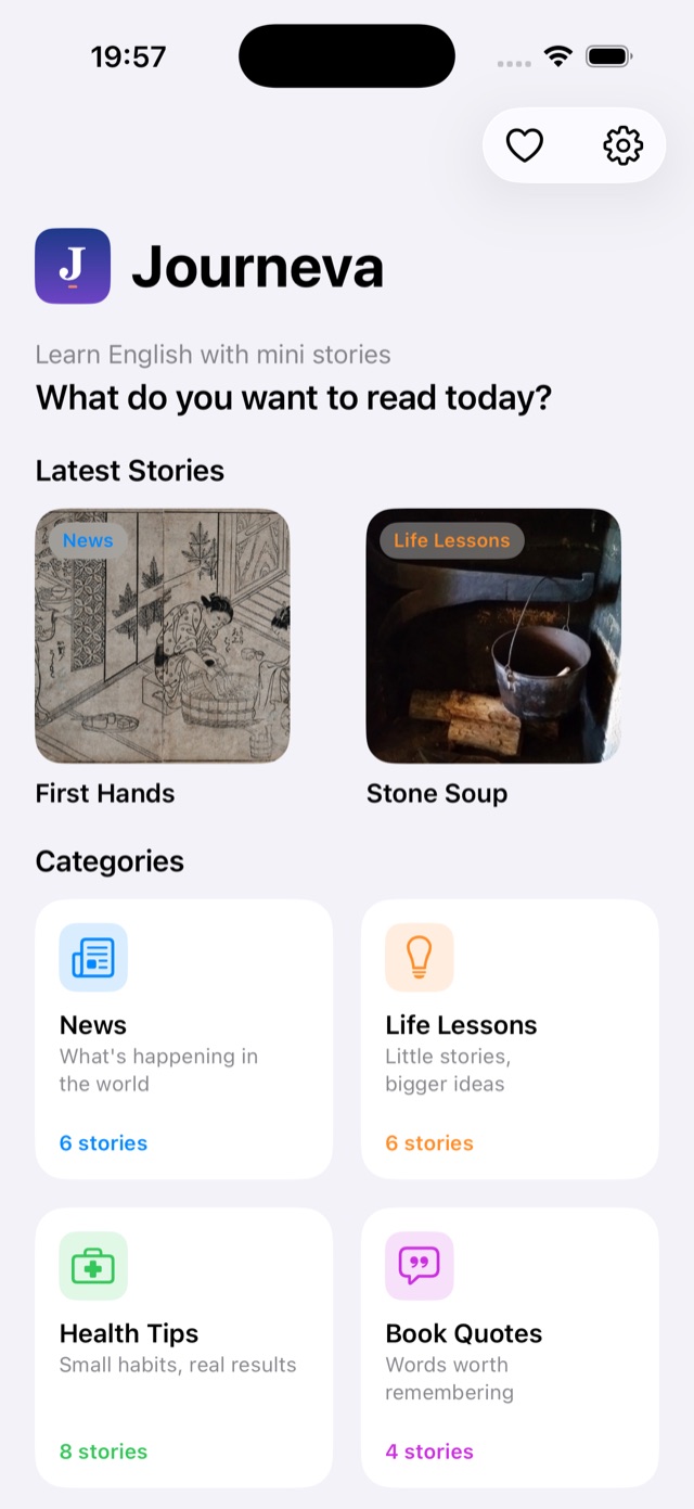 Journeva's home screen: Latest Stories and five categories — News, Life Lessons, Health Tips, Book Quotes, Cooking Recipes