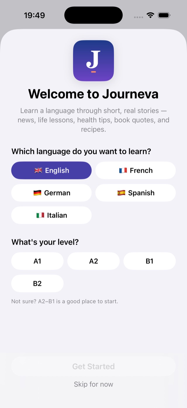 Choosing a language and a level in Journeva