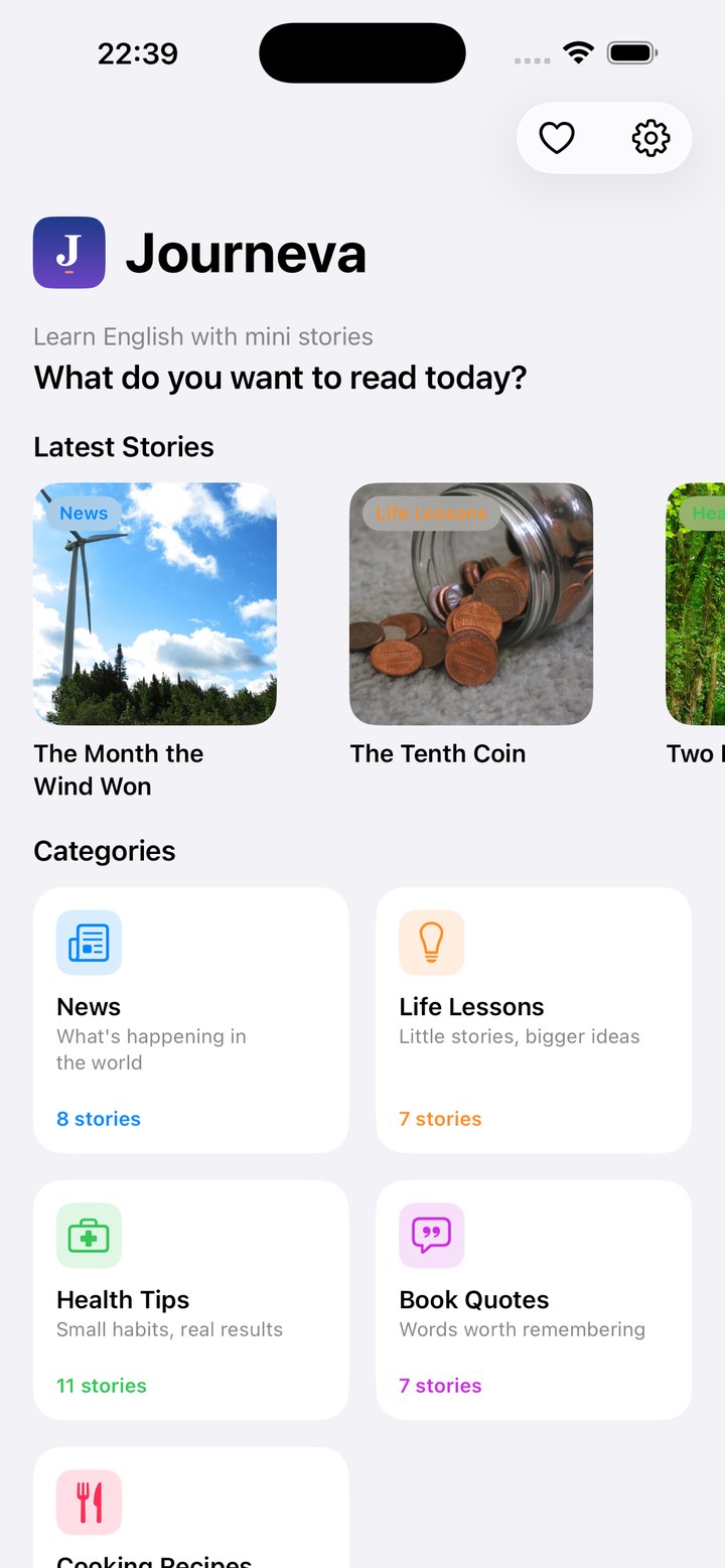 Home screen with latest stories and the five categories