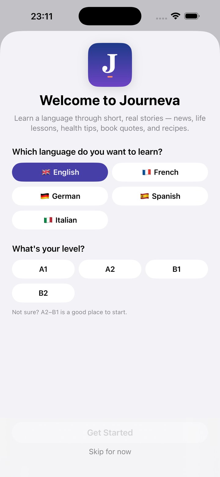 Onboarding: choose a language and a level