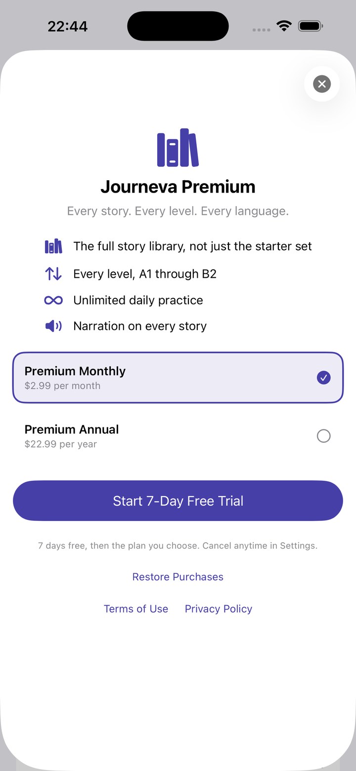 The Journeva Premium screen with both plans